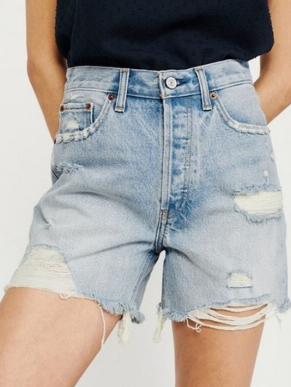 Abercrombie & Fitch Light Blue High-Waist Distressed Denim Shorts